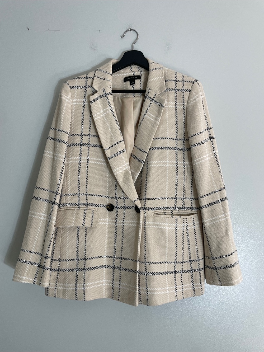 Express Cream Plaid Double-Button Blazer